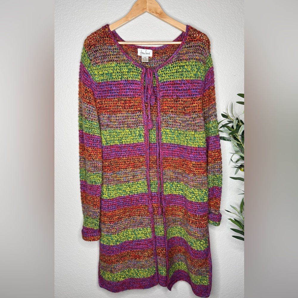 Wool blend multicolor Crochet Knit Long Cardigan Art to Wear size L